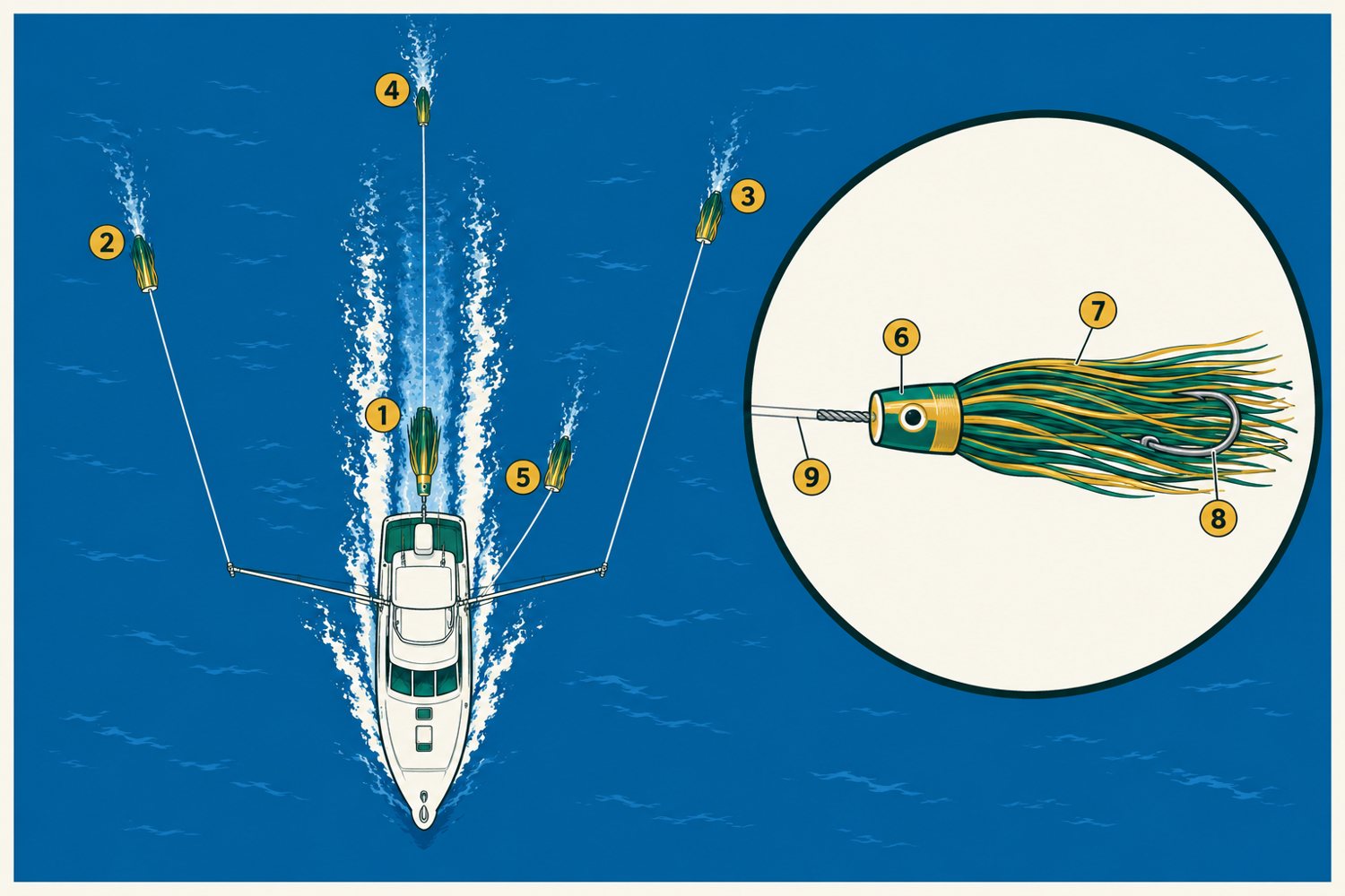 Numbered diagram: Blue marlin trolling spread