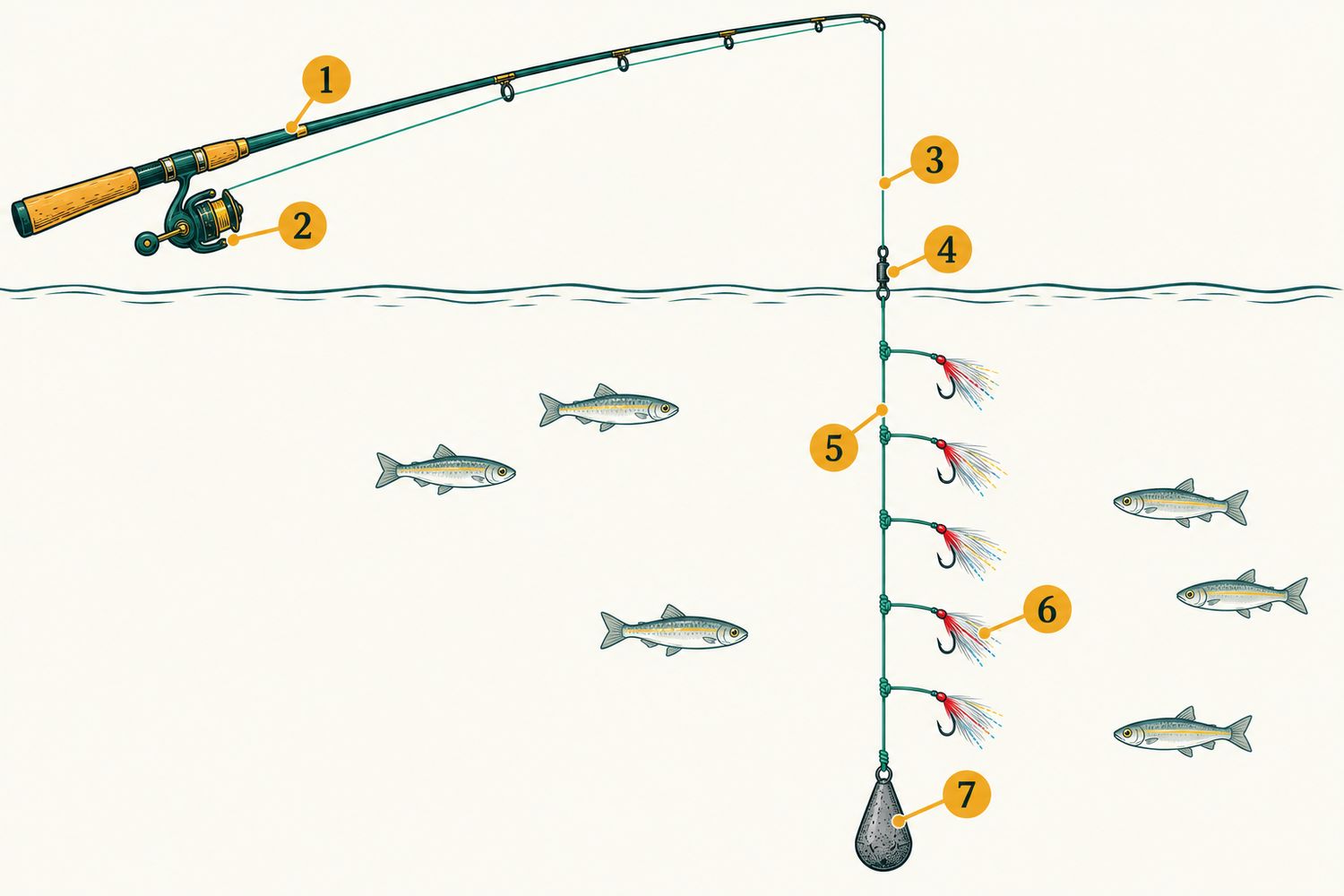 Numbered diagram: Sabiki-style multi-hook rig for horse mackerel