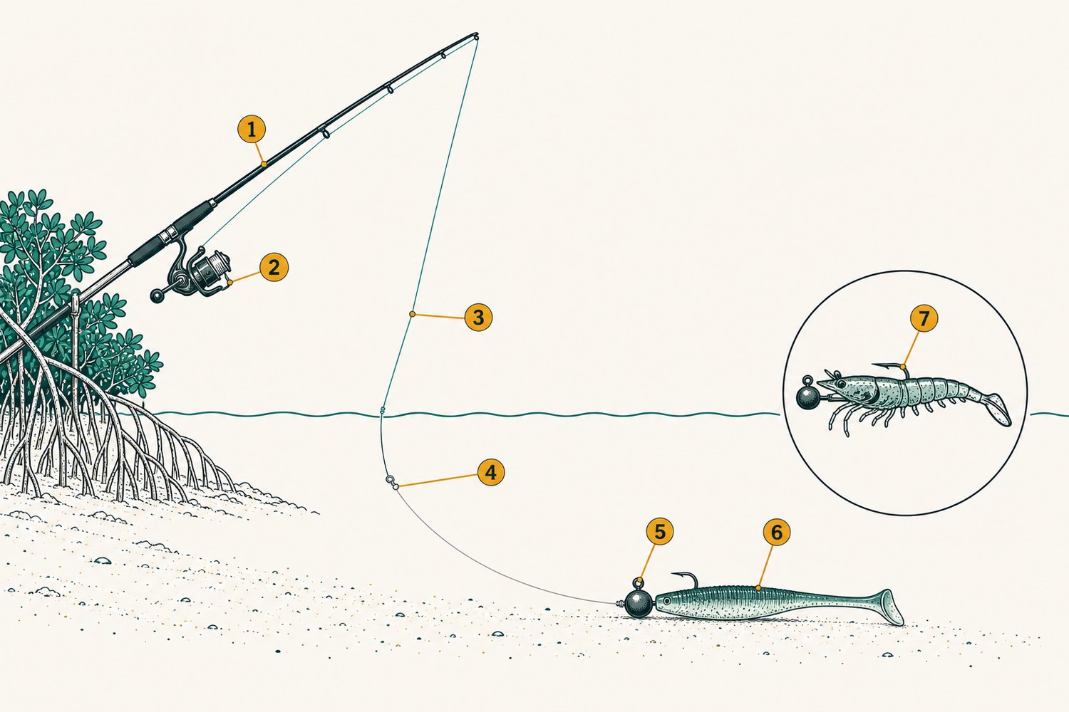Numbered diagram: Soft plastics in the lagoon for pompano