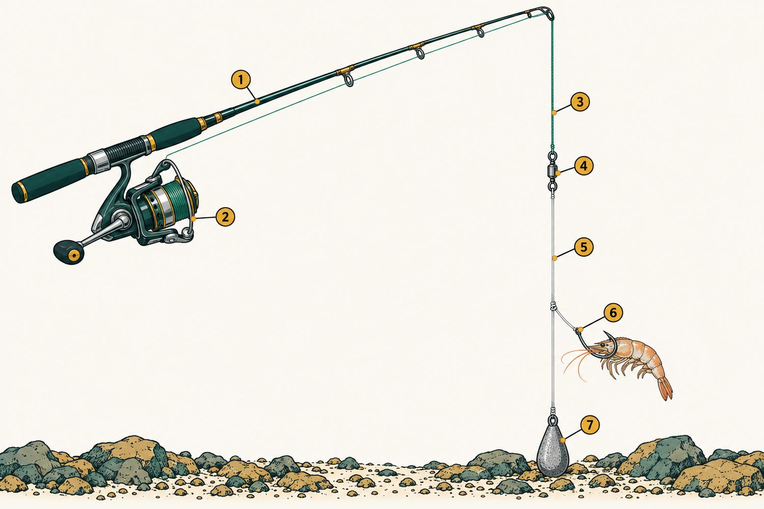 Numbered diagram: Bottom fishing for seabream