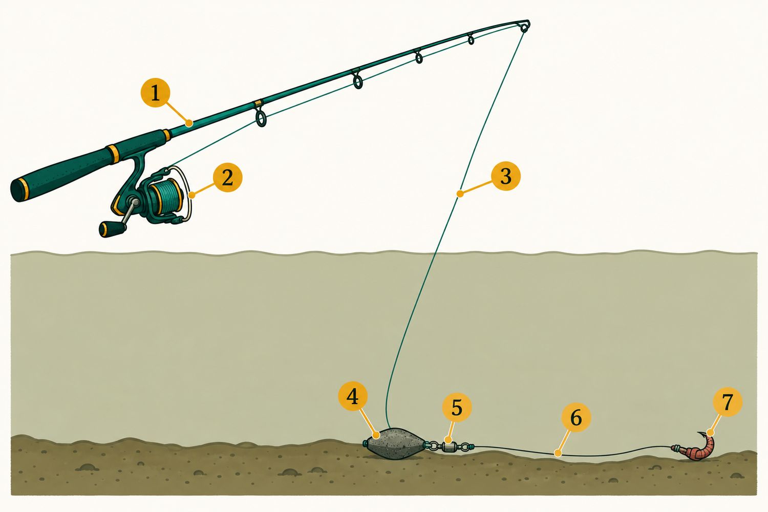 Numbered diagram: Bottom fishing for catfish