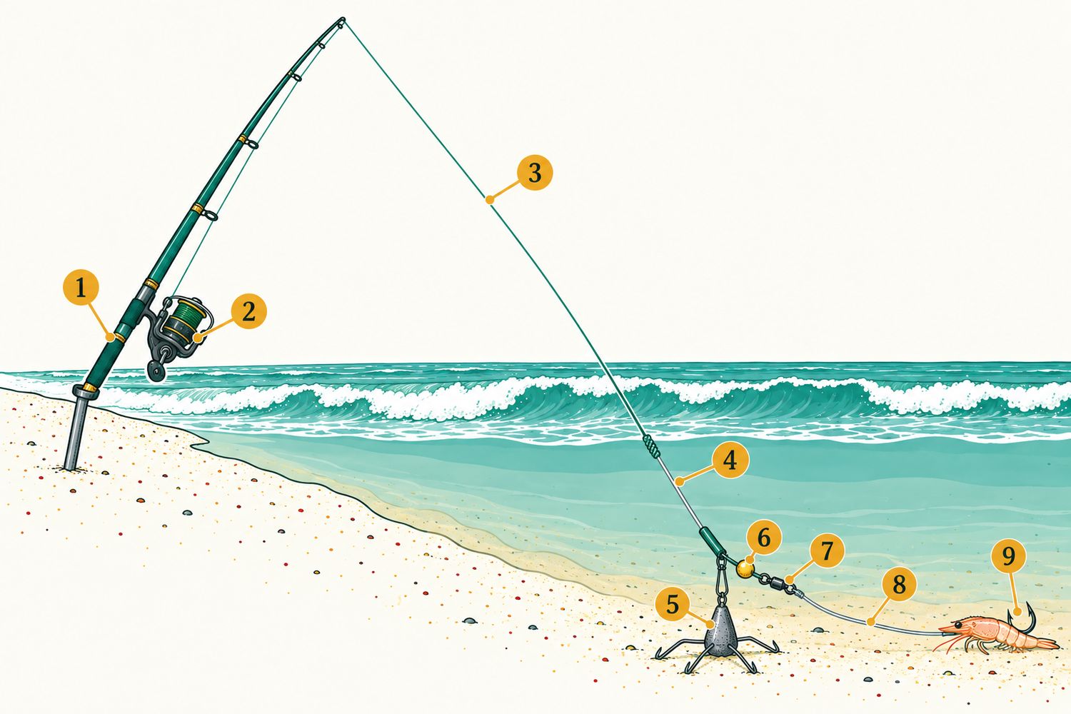 Schéma numéroté : Surfcasting au gros capitaine