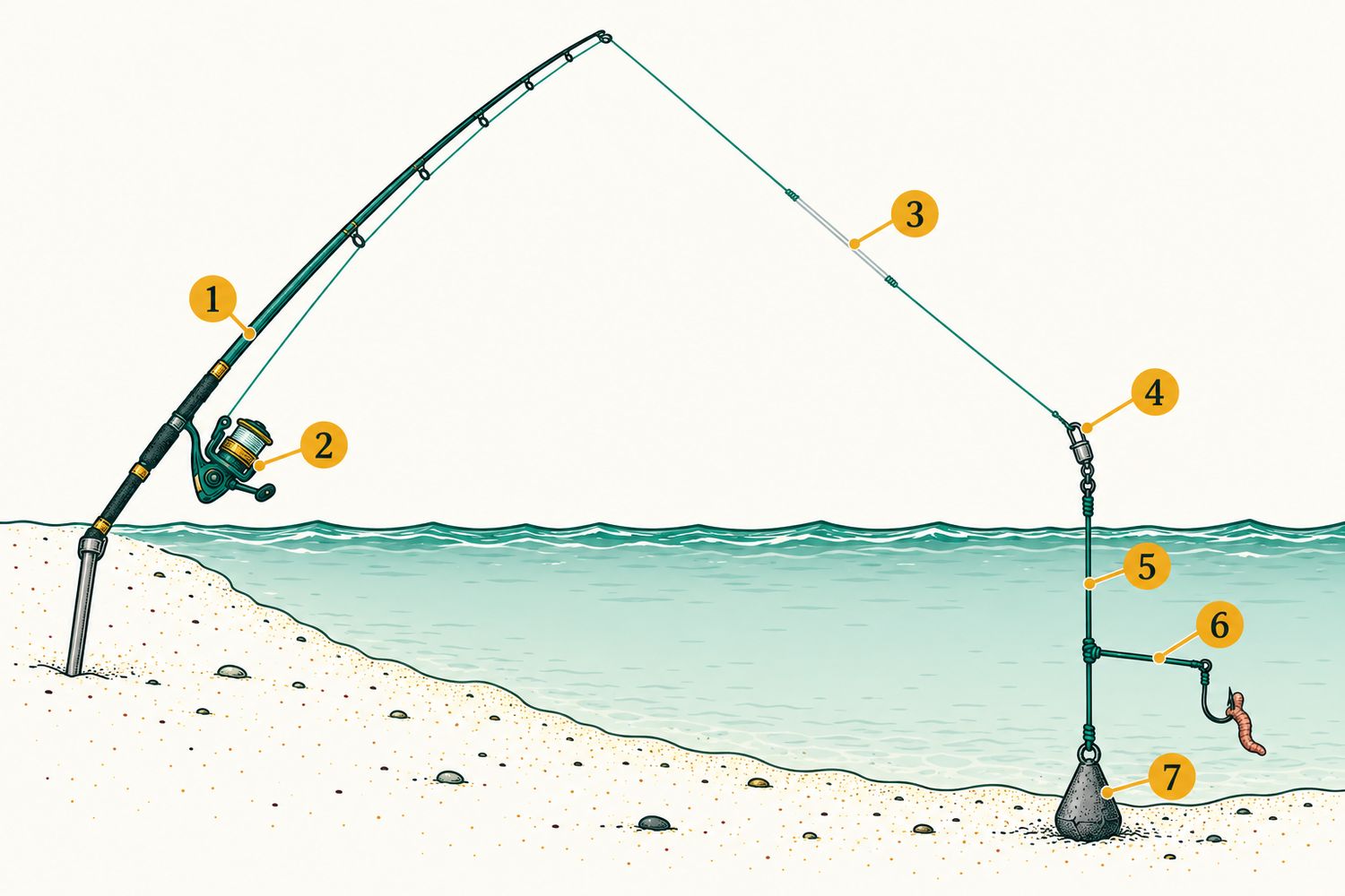 Schéma numéroté : Surfcasting : montage pater-noster
