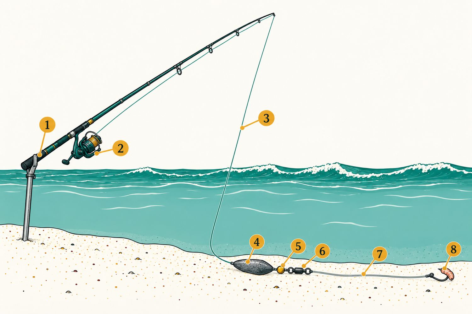 Schéma numéroté : Surfcasting : montage coulissant